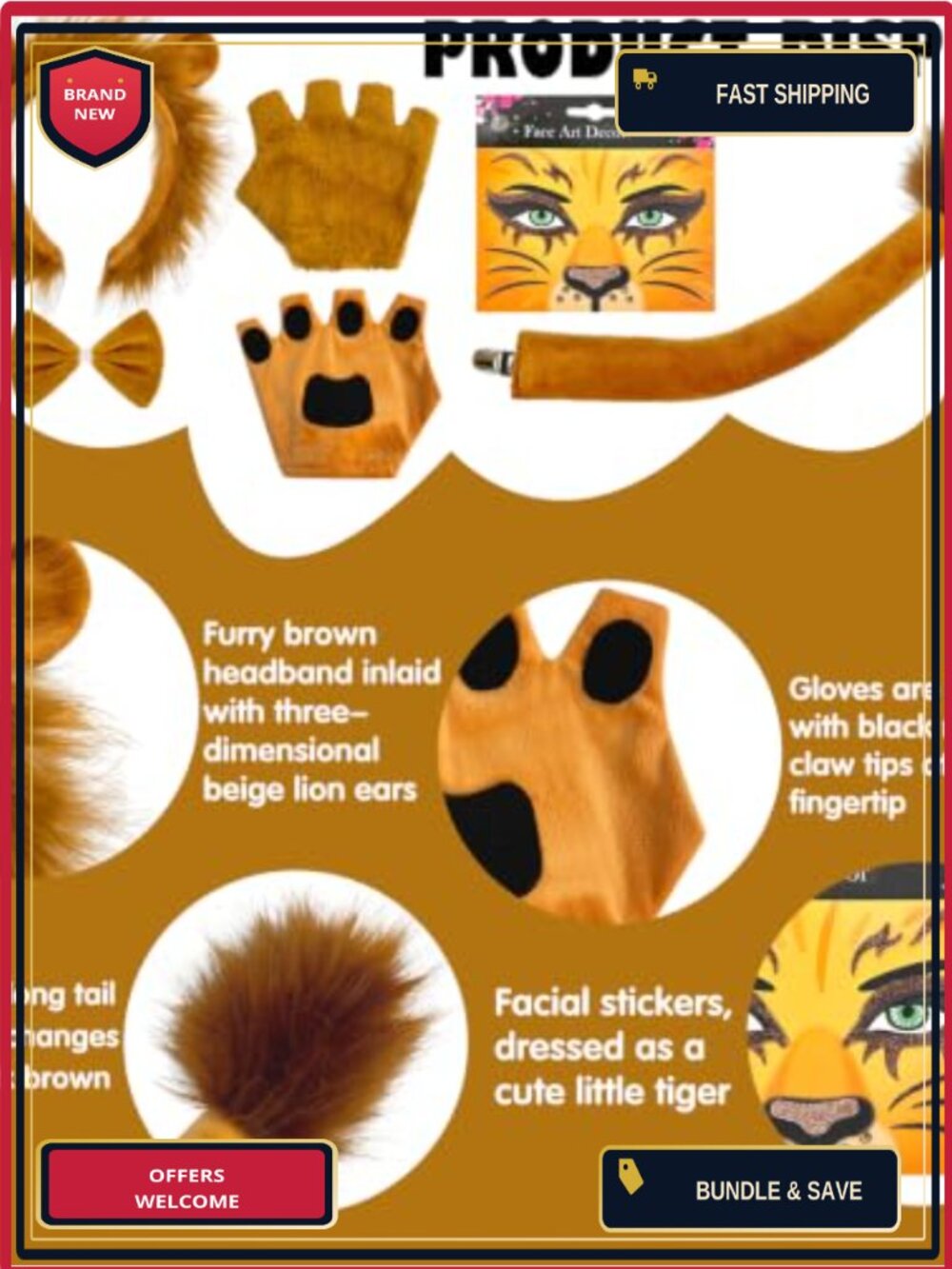 5 Piece Lion Costume Set for Women Halloween Accessory Kit - Picture 6 of 6